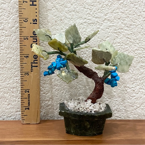 Vintage Carved Semi-Precious Stone Faux Turquoise Buds Bonsai Miniature Tree - Picture 3 of 12